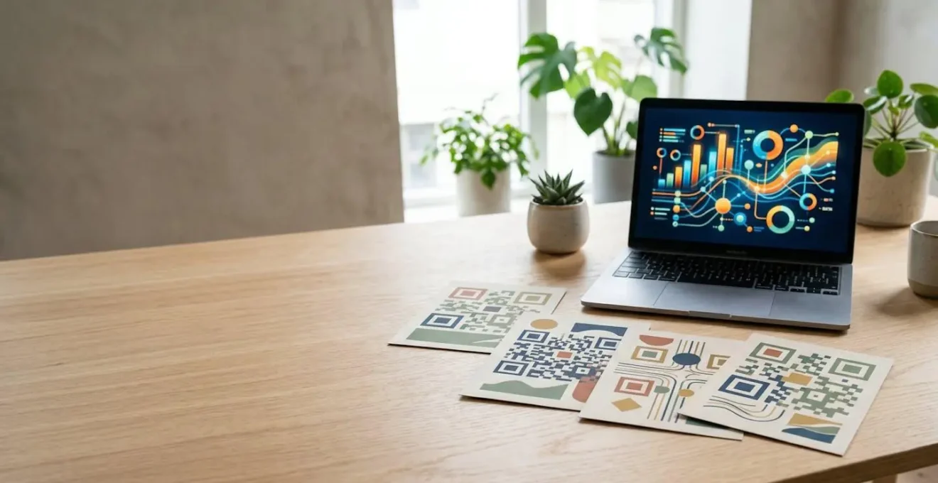 Vue d'ensemble d'un espace de travail moderne avec plusieurs flyers et un écran montrant des graphiques analytiques abstraits